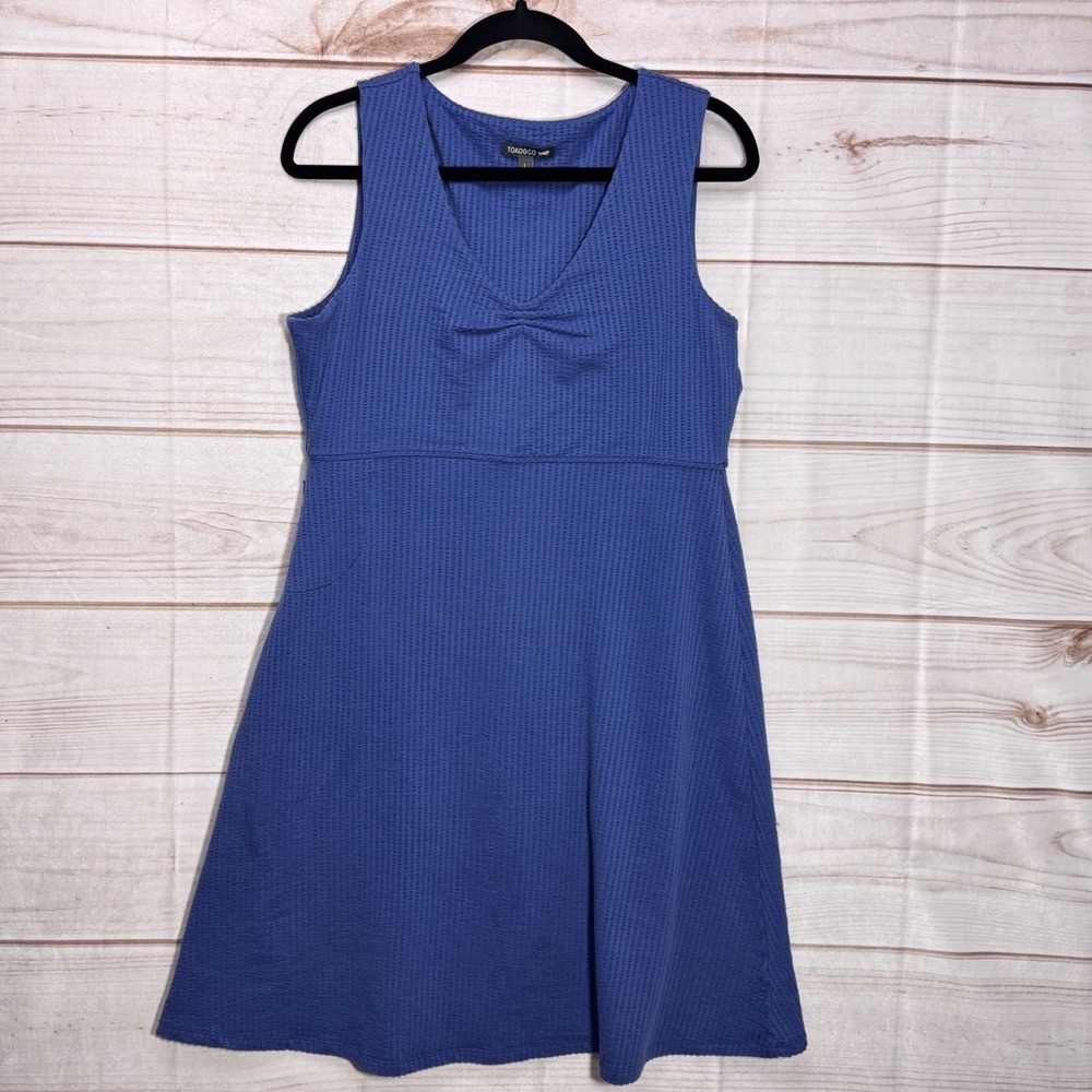 Toad&Co Womens Blue Waffle Knit V-Neck Sleeveless A-Line Dress Large L